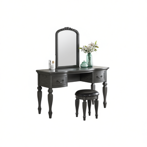 Toeletta Classica in Legno Intagliato con Specchio e Sgabello, Set Mobili Camera da Letto, Finitura Anticata, Cassetti Contenitori - Product Image 1