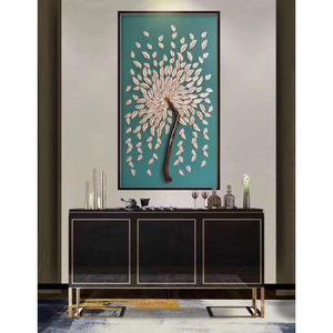 Peinture décorative encadrée en forme de feuille, art mural en métal bronze, style traditionnel, décoration murale avec cadre en bois, matériau en fer - Product Image 2