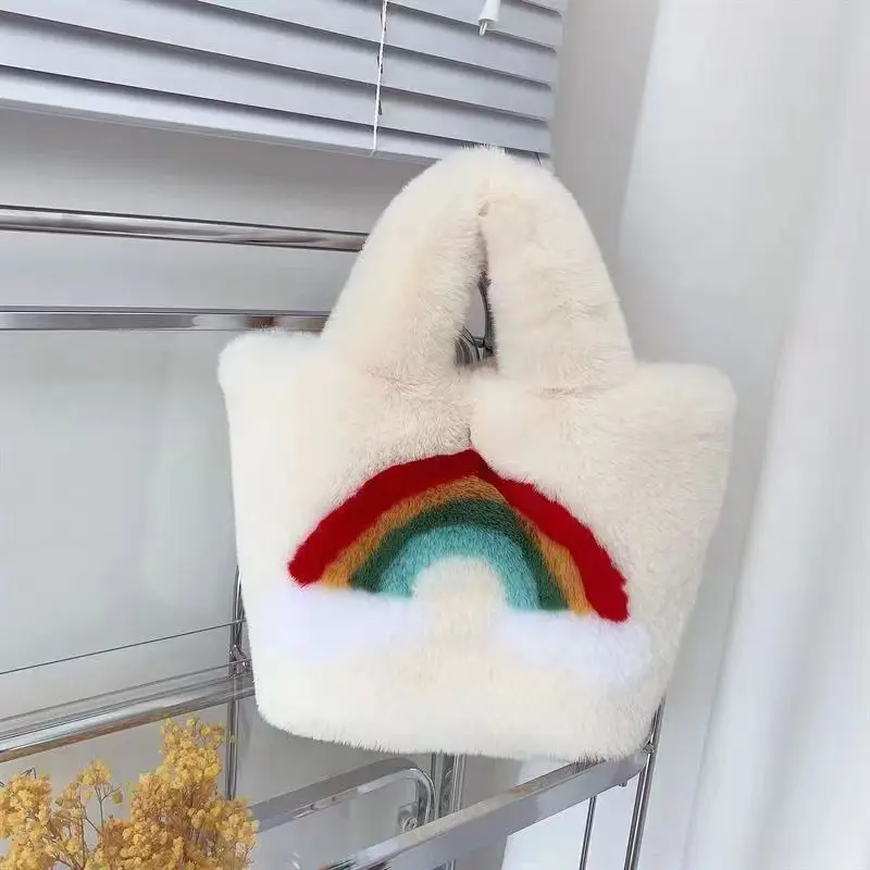 Luxe personnalisé élégant hiver sac à main fourrure seau sac à main avec mignon arc-en-ciel motif peluche sac à bandoulière avec deux sangles