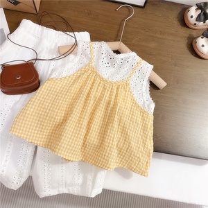Ensemble de vêtements d'été pour filles, haut en <span class=keywords><strong>tissu</strong></span> doux et agréable pour la peau, à carreaux jaunes, avec short à œillets blancs - Product Image 4