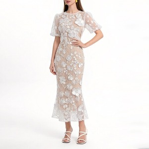 Women Elegant Lace Midi <b>Dress</b> Short Puff Sleeves Floral Appliques Sheath <b>Dress</b> - Product Image 1