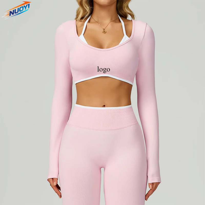 Women's Seamless Long Sleeve Short Tight Fit Simple Running Gym & Fitness Activewear Contrast Color Fake Two Piece Yoga Gym Top