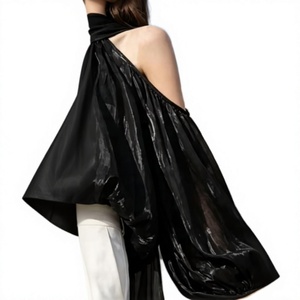 Blusa Halter de Gasa Negra para Mujer con Mangas Abullonadas, Capa Transparente, Fruncida y Plisada, Elegante, Holgada, para Primavera/Verano - Product Image 5