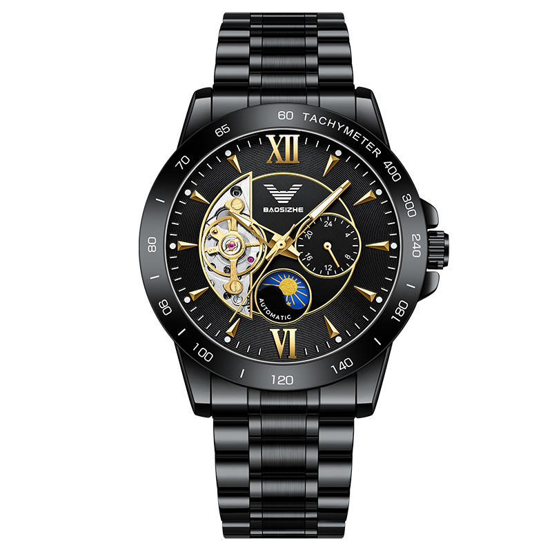 Coque noire-visage noir-aiguille dorée-ceinture en acier