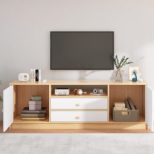 Meuble TV moderne de luxe simple, design en panneaux, bois de chêne/gris + blanc, avec tiroirs, pour salon, séparateurs de pièces - Product Image 4