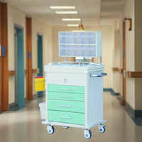 Chariot d'anesthésie médical moderne en alliage d'aluminium et acier inoxydable à quatre tiroirs avec verrouillage centralisé pour urgences hospitalières