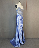 Robe de soirée sirène en satin bleu clair avec bretelles spaghetti, corset transparent, ornée de strass et de perles, froncée, pour mariage, fête ou bal de promo