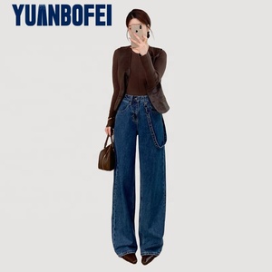Yuanbofei Jeans Casuales de Tiro <span class=keywords><strong>Alto</strong></span> para Mujer <span class=keywords><strong>con</strong></span> Cierre de <span class=keywords><strong>Botones</strong></span>, Pantalones de Mezclilla Elásticos de Pierna Recta <span class=keywords><strong>con</strong></span> Tiras Decorativas - Product Image 1