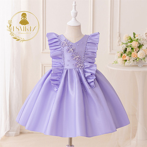 Principessa Saturdays ragazze abito formale in raso vestito estivo collo a-collo decorazione in pizzo modello solido fiore ragazza L6026 bambini - Product Image 1