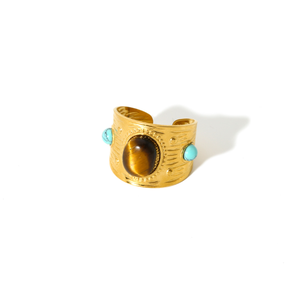 Anillo de apertura de piedra natural de cristal verde de acero inoxidable, anillo chapado en oro de 18 quilates, anillo bohemio para mujeres y hombres - Product Image 3