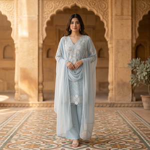 Salwar Kameez 3 Pièces Style Col V en Fourrure, Nouveau Design Moderne et Élégant, Couleurs Précieuses, pour Fêtes Été Hiver - Product Image 1