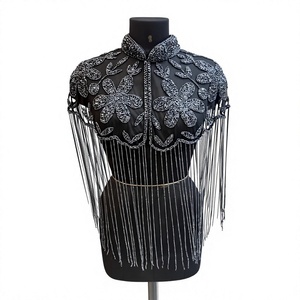 2026 Latest Design Women's Adults Vintage Silver Beaded Embellished <b>Fringe</b> Cape <b>Top</b> Stage Performance Party Wear Polyester/Rayon - Product Image 1