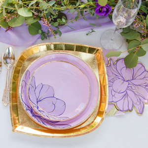 Vaisselle en papier personnalisée avec fleurs violettes et estampage à chaud doré, fabricant de vaisselle jetable, assiettes en papier, serviettes, vaisselle en papier pour fête du thé - Product Image 3