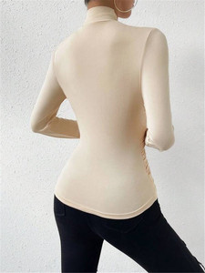 2024 Western décontracté plaine Sexy plissé haut court dames pull mince <span class=keywords><strong>basique</strong></span> col roulé chemise à manches longues <span class=keywords><strong>t</strong></span>-shirts haut pour les femmes - Product Image 2