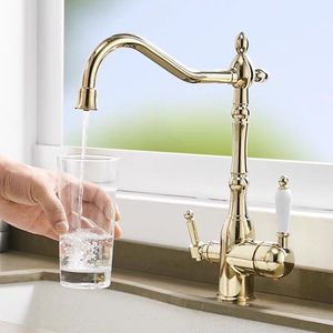 <span class=keywords><strong>Robinet</strong></span> de cuisine vintage à trou unique, multifonctionnel trois-en-un, eau chaude et froide, en laiton antique - Product Image 3