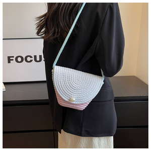 Purple Woven Cotton Rope Mini Beach Bag With Pearl Flap Crossbody Shoulder Bag For Women Summer Casual Everyday Use - Product Image 3