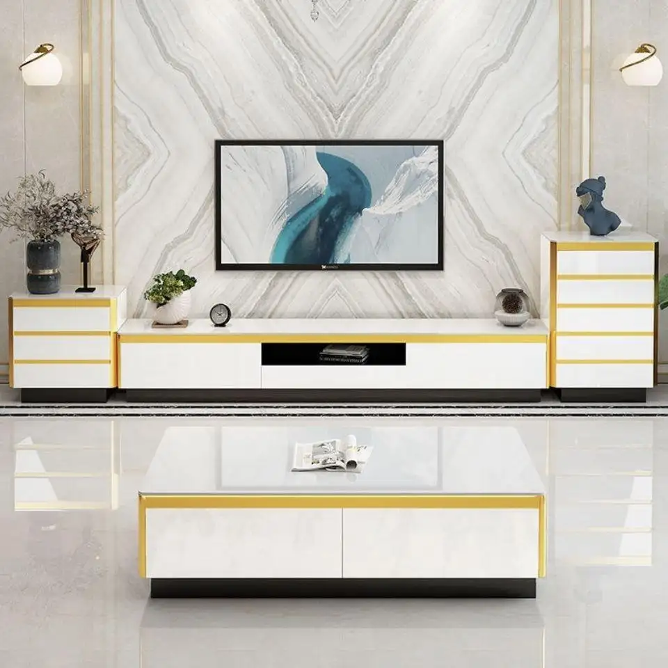 Espositore tv moderno di lusso elegante in oro bianco espositore per tv in nastro nero e set di tavolini da caffè mobili per soggiorno