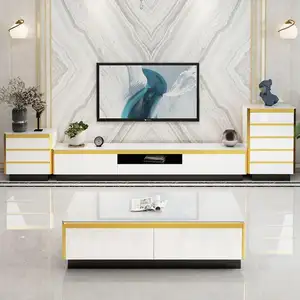 现代奢华优雅白金电视展示架黑色银色电视控制台架和咖啡桌套装客厅家具