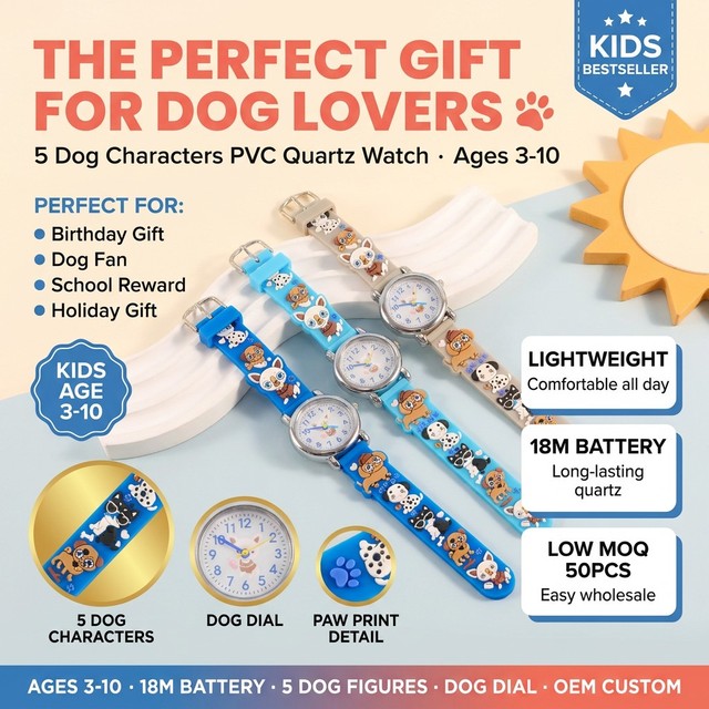 Kids Cartoon Quartz Watch 3D Dog Moon Stars Strap Watch for Boys Gift