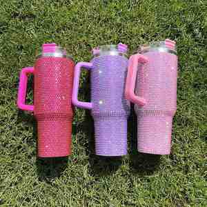 Vaso de acero inoxidable de 40 oz con diamantes de imitación brillantes, tumbler multicolor sólido con asa y pajita - Product Image 4