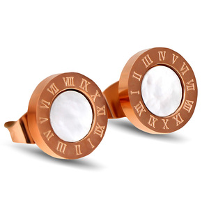 Gold Steel <b>Stud</b> <b>Earrings</b> 10mm Round Pearl Inlay Roman Numerals Bezel Setting For Women Fashion Jewelry - Product Image 3