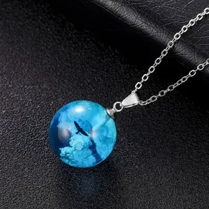 Blue sky jewelry white cloud in resin handmade fashion ball pendant necklace Rectangle Wood Resin Pendant Necklace