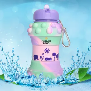 Garrafa de água pop patenteado, garrafa de água de silicone adorável de desenho animado para estudantes, crianças