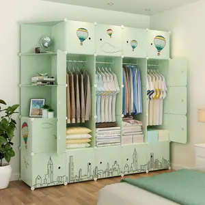 Hot Sale Clothe Storage Cabinet Rectangular Plastic Foldable Wardrobe Organiser Green Color With Stickers Portable Cube Wardrobe