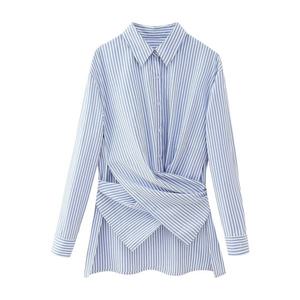 Camisa Entallada de Manga Larga para Mujer, Tejido Transpirable, Estampado de Rayas Versátil, Estilo Urbano para Primavera/Otoño, Blusa con Cinturón - Product Image 4