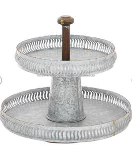 Soporte redondo moderno para pasteles y dulces, Hierro de metal galvanizado de dos niveles con tapa superior de madera para decoración del hogar y fiestas - Product Image 1