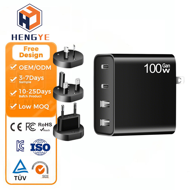 4 Port Laptop Charger 100W Gan USB-C Power Adapter QC 3.0 PD Fast Charger with CE/FCC Certification Eco-Friendly