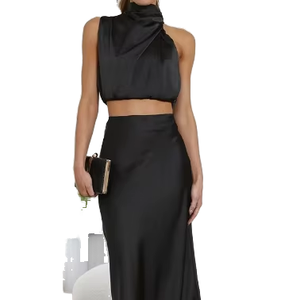 Elegant Black Two Piece Set High Waist Pencil Maxi Skirt Cowl Neck Crop <b>Top</b> Sleeveless Satin Dress <b>Party</b> Wear - Product Image 1