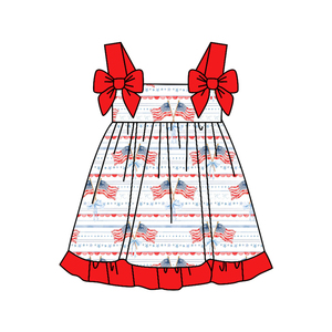 Robe d'été pour bébé fille GSD3538 ODM personnalisée, drapeau du 4 juillet, nœuds rouges, sans manches, longueur genou, vente en gros - Product Image 1