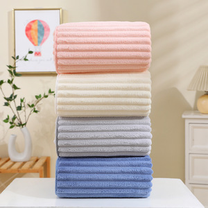 Coral Fleece Striped Bath Towel 70x140 Cm Soft Absorbent Quick Dry Home Use Kids Towel Blue Gray Beige Pink - Product Image 1