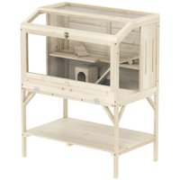 Cage pour petits animaux en bois de sapin écologique moderne, nichoir surélevé pour hamster avec étagère de rangement, toit ouvrable et fenêtre de vue pour le jeu