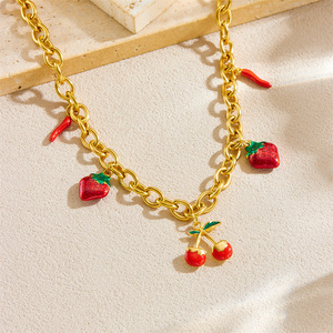 European And American Style Fruit Pendant Necklace With Strawberry Cherry Charms Stainless Steel Chain Everyday Wear - Product Image 2