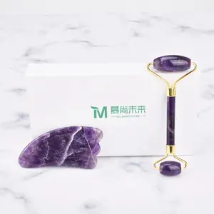 Guasha Roller In Stock Hot Selling Natural Crystal Skincare Tools Face Messager MS Amethyst Jade Roller Gua Sha Set