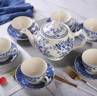 Service à thé et café Yanjun Jiangxi en porcelaine fine, motif floral bleu et blanc, théière, tasses, soucoupes, crèmeuse, sucrier, décoration d'intérieur, cadeau