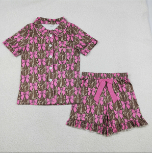 Children's Girls Casual <b>Camo</b> Bows Button Pocket Ruffle Shorts Hunting Pajamas Sets Breathable - Product Image 5