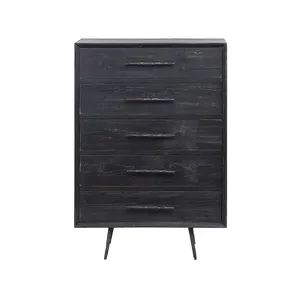 Industrial vintage bedroom office black recycled pine wood forging iron 5 drawers of chest living room storage cabinet