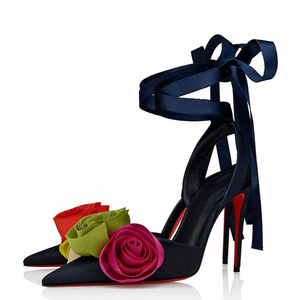 รองเท้าส้นสูงแบบผูกเชือกประดับดอกไม้หลากสีสัน ดีไซน์ใหม่สำหรับผู้หญิง ทำจากผ้าไหม ส้นเข็ม สายรัดข้อเท้า - Product Image 1