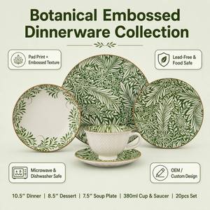 Service de table en porcelaine de luxe 20 pièces, tasses et soucoupes en céramique, motif feuille élégant en relief, impression tampon, forêt de saules vertes - Product Image 2