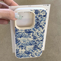 Coque de téléphone rétro en porcelaine bleue à motif floral pour iPhone 18 17 16 15 14 Pro Max, texture cuir souple mat, antichoc