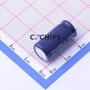 Condensateur électrolytique en aluminium à montage traversant ERR1VM681G20C30T, composant à montage traversant THT, D10xL20mm 680uF 35V 10mm 20mm - Product Image 1