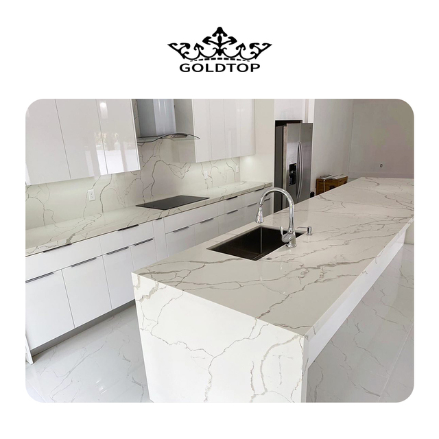 GOLDTOP OEM/ODM Quartz Quarzo Laza New Design Wholesale Artificial Calacatta Kitchen Slab Quartz Countertops