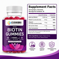 Gummies véganes à la biotine 10000 mcg saveur framboise, complément alimentaire naturel à la framboise, 60 gummies, 30 portions, cheveux, peau, ongles