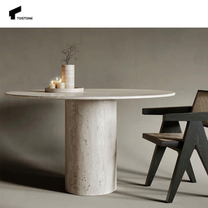 Tostone Nouveau Design Contemporain Beige <span class=keywords><strong>Table</strong></span> à manger ronde en travertin Pied cylindrique <span class=keywords><strong>Table</strong></span> ronde en travertin Ensemble pour salles à manger - Product Image 1
