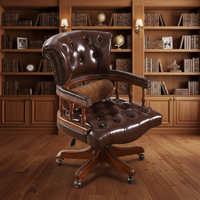 Fauteuil de Direction en Cuir Huilé Marron, Capitonnage Boutonné, Dossier Aile, Garniture Cloutée, Coussin Lombaire, Base Étoile en Bois, Burostuhl