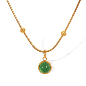 French Retro Green Glass Pendant Necklace 18k Gold Plated <b>Titanium</b> Steel Clavicle <b>Chain</b> Stackable Fashion Jewelry - Product Image 5