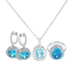 Silver plating 925 sterling silver Aquamarine glass jewelry set